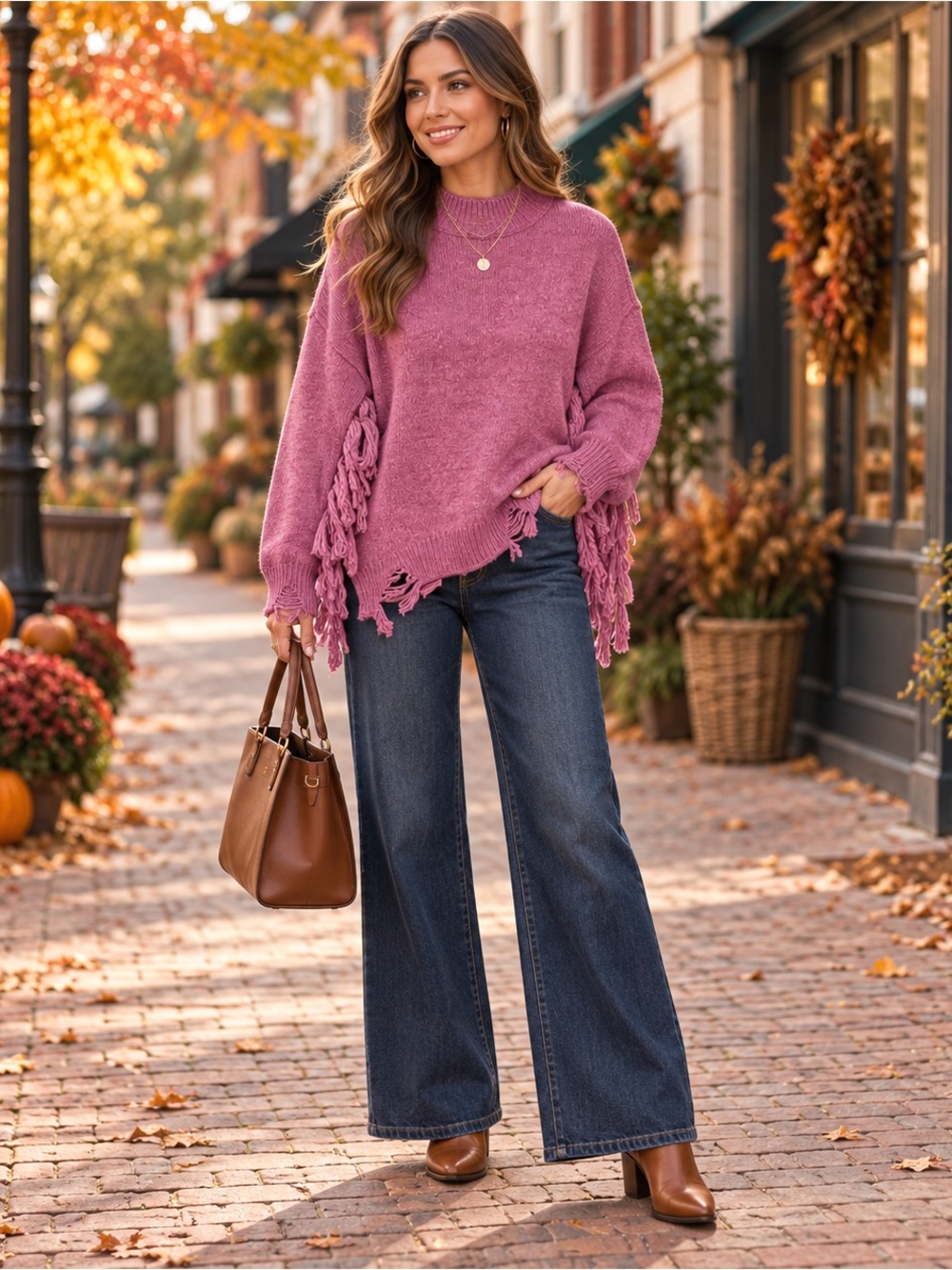Chelsea & Violet Pink Fringe Distressed Mock Neck Sweater Boho Oversized